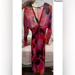 Vibrant Pink Multi-Color Knot Front Maxi Dress